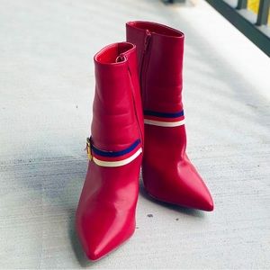 Red Faux Leather Ankle Booties with Grosgrain Buckle Trim